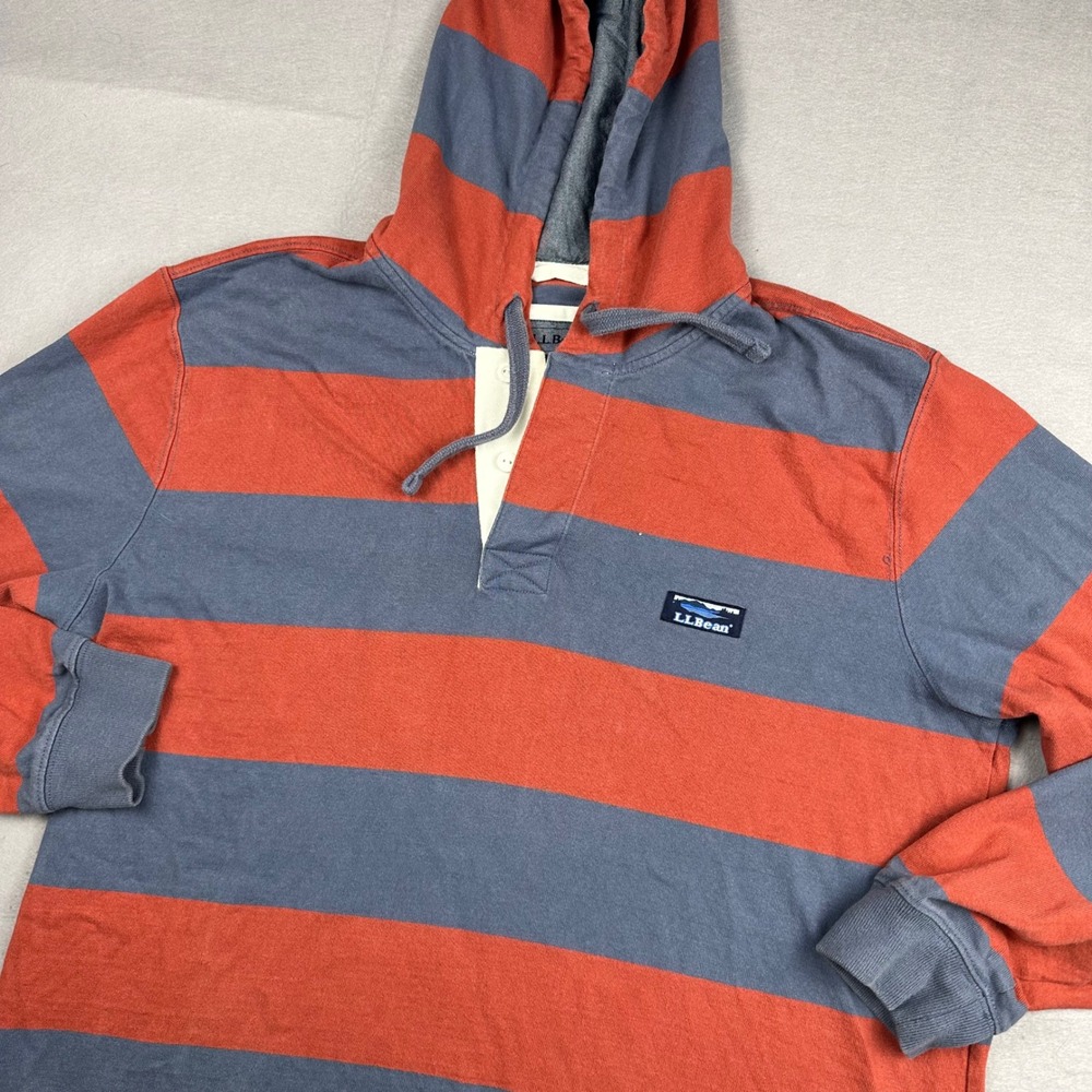 L.L. Bean Hooded Rugby Shirt Mens Large Traditional Fit Red Blue Striped 505095